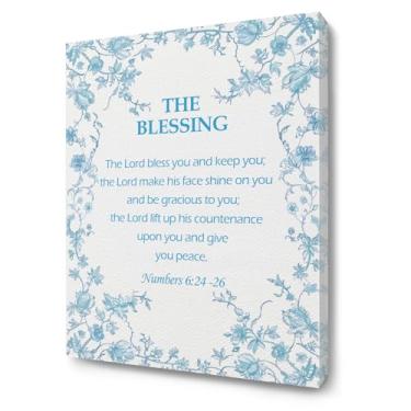 Imagem de ChissNook Arte de parede em tela azul floral cristã a bênção emoldurada, números 6:24–26 versículo bíblico impressão de pôster religioso decoração de parede para quarto, sala de estar, casa