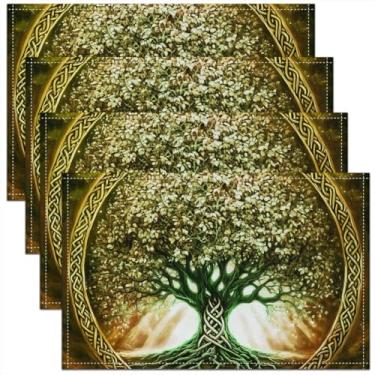Imagem de Jogo americano Tree of Life para mesa de jantar, conjunto de 4, tapetes de mesa de cozinha estilo exótico, estilo boêmio, 30,5 x 45,7 cm para restaurante, arte amarela, tapetes de mesa de cozinha