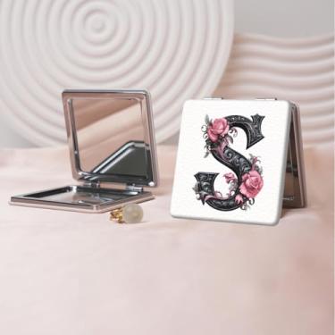Imagem de Espelho de maquiagem portátil de couro PU retrô europeu com letras florais, mini espelho dobrável de mão dupla face, quadrado para retoque, presente ideal para todas as ocasiões