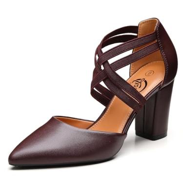 Imagem de Trary Sapato feminino de salto baixo grosso fechado bico fino salto bloco para mulheres sapatos sociais elásticos cruzados tiras 3,5 polegadas confortável para casamento noiva, Borgonha, 39