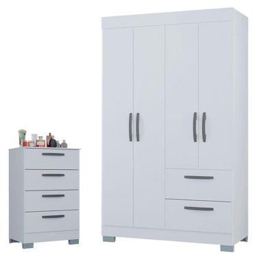 Imagem de Cômoda 867 4 Gavetas E Guarda Roupa Solteiro Tóquio 4 Portas Branco Brilho - Poquema