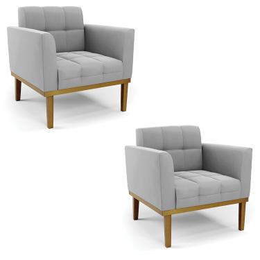 Imagem de Poltrona Base de Madeira Fixa Castanho Kit 2 Elisa Suede Cinza D03 - D'Rossi 