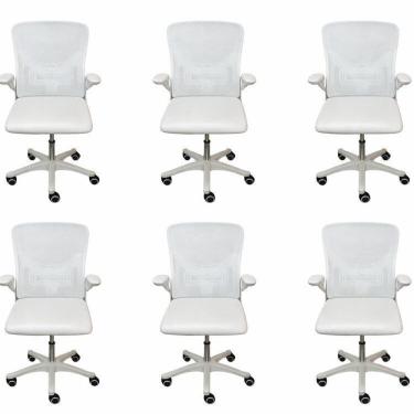 Imagem de Kit com 6 Cadeiras Escritório Diretor Tela Mesh Braço Regulável Ajuste Lombar Bogotá Branco
