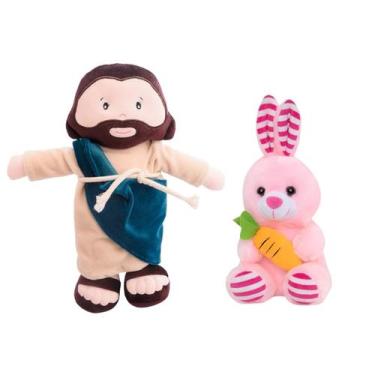 Imagem de Kit Boneco Jesus de Pano Antialérgico Religioso + Coelho de Pelúcia Br