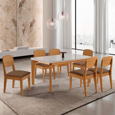 Imagem de Conjunto Sala de Jantar Mesa Dublin Tampo Mdf 180cm Canto Copo com Vidro e 6 Cadeira Cleo Yescasa Marrom / Naturalle / Off White /Serig