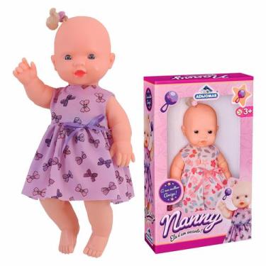 Imagem de Boneca Bebe Nanny Infantil Macia Com Vestidinho Roxo 32 cm Com Lacinho