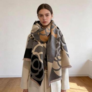 Imagem de Cachecol Lenço Feminino Dupla Face Longa Estampado Floral Inverno(CC06