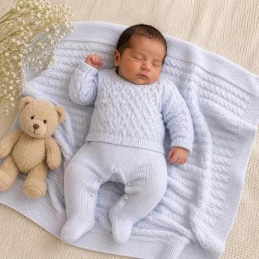 Imagem de Saída Maternidade de Tricot Luxo Macacão e Manta Bebê Menina - BEBE E 