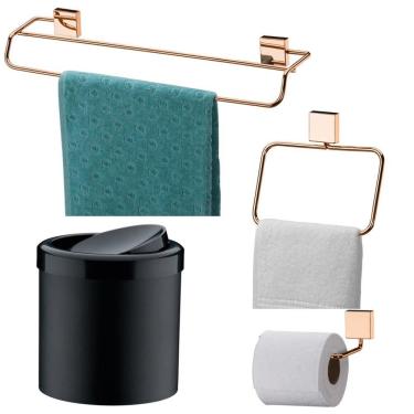 Imagem de Kit Banheiro Rosé Toalheiro Duplo + Porta Toalha + Papeleira + Lixeira Basculante - Future