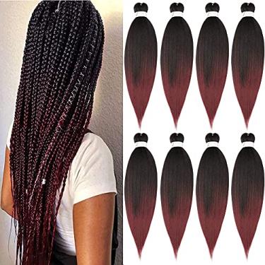 Imagem de Extensão de cabelo pré-esticada para trança de crochê profissional ombré preto a borgonha, 50,8 cm, 8 pacotes de ajuste de água quente permanente Yaki cabelo sintético para tranças torcidas (50,8 cm, #1B/Bug)