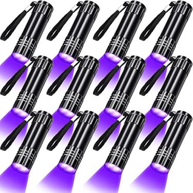 Imagem de 12 lanternas de luz negra portátil UV com detector de luz UV, pequena lanterna UV 395 nm, 9 mini lanternas de LED para urina de animais de estimação e manchas secas, bateria não incluída
