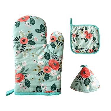 Imagem de 4 peças luvas de forno luvas de cozinha e conjunto de suporte de panela luvas de forno de algodão macio para cozinha churrasco assar e grelhar cozinhar luvas resistentes ao calor almofadas quentes, verde, conjunto de 4