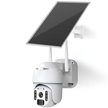 Imagem de Câmeras de segurança solar sem fio ao ar livre, 2MP alimentado por bateria 2-way talk câmera ao ar livre sem fio 1080p PTZ WiFi Surveillance Cam com cor visão noturna PIR sensor de movimento