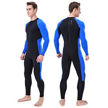 Imagem de Roupa de mergulho masculina neoprene trajes molhados 3mm traje de mergulho de corpo inteiro manga comprida maiô zíper traseiro para surfe, snorkel, natação, surfe, adulto em aeróbica de água fria, azul, P