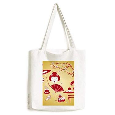 Imagem de Bolsa sacola de lona vermelha amarela branca sushi Japão sacola de compras bolsa casual