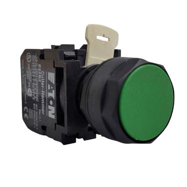 Imagem de Botão Comutador Pulsador 25MM Verde aro preto 1NA Cod. E22PB3A – Eaton