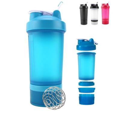 Imagem de Coqueteleira Shaker Academia Compartimento Suplementos Divisórias 450ml (Azul Claro)