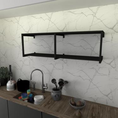 Imagem de Prateleira Industrial Suspensa Estante Parede Nicho Preto Ferro E Madeira Suporte Pratileira