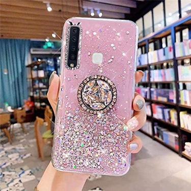 Imagem de Capa com glitter para Galaxy A9 2018 Bling Case - Capa brilhante transparente com anel de suporte de diamante ajuste ultrafino macio TPU protetor meninas mulheres capa para Galaxy A9 2018, rosa