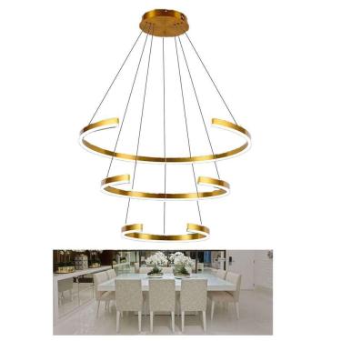 Imagem de Lustre Pendente 3 Aneis Arco Perfil Luminaria Ajustavel 94w Dourado Sala De Estar Casa