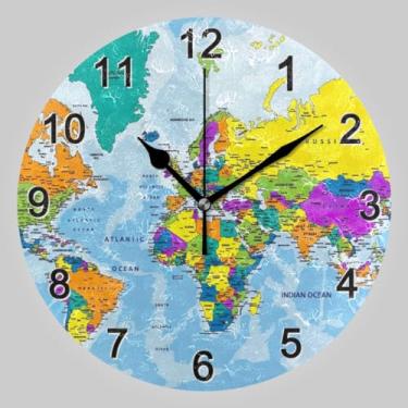 Imagem de CHIFIGNO Relógios de parede redondos com mapa mundial, relógio silencioso de parede operado por bateria silencioso para decoração de escritório