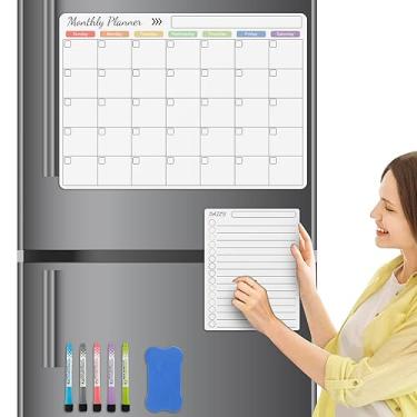Imagem de QENWKXZ Calendário magnético apagável a seco para geladeira reutilizável, agenda mensal, calendário de geladeira, quadro branco, antiderrapante, lista de compras magnética, planejador com 5 canetas