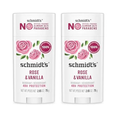 Imagem de Schmidt's Desodorante natural sem alumínio para mulheres e homens, rosa e baunilha com proteção contra odores de 24 horas, certificado natural, vegano, sem crueldade, 75 g, pacote com 2