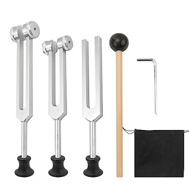 Imagem de KEJJNYER Diapasões para conjunto de cura 128Hz, 256Hz, 512Hz, diapasão com martelo reflexo para ioga essencial/cura sonora (prata)