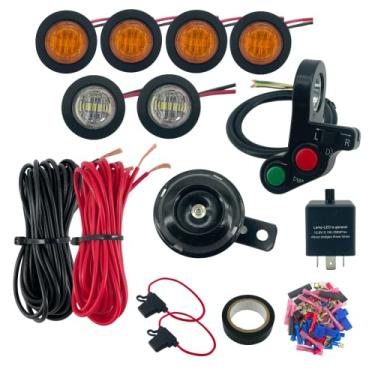 Imagem de ALTBET Kit de buzina universal ATV UTV SXS Kit de buzina de seta para guidão e interruptor de polegar com luzes LED, relé pisca-pisca, sistema de chicote (Kit N)