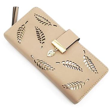 Imagem de VODIU Bolsa feminina curta de couro carteira média folha dobrável porta-moedas pequenas bolsas fivela zíper clutch, 2 cáqui, M