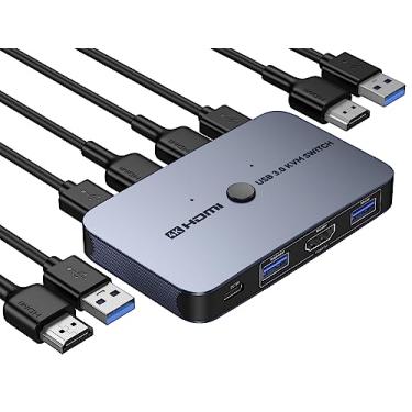 Imagem de Interruptor KVM, interruptor ABLEWE de alumínio KVM HDMI, interruptor USB para 2 computadores compartilhando mouse teclado impressora para um monitor HD, suporta 4K a 60Hz, 2 cabos HDMI, 2 cabos USB e