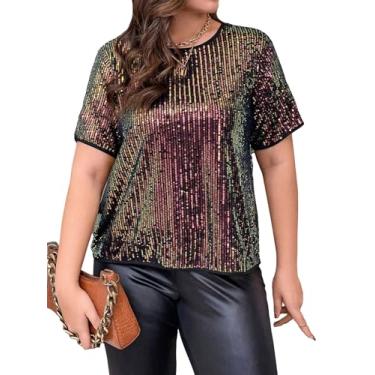 Imagem de WDIRARA Camiseta feminina plus size com lantejoulas e gola redonda e manga curta, Multicolorido, XXG Plus Size
