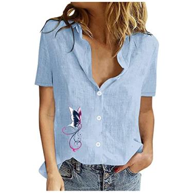 Imagem de Camisa feminina de linho de manga curta com botões e gola casual de verão estampada, Azul, G