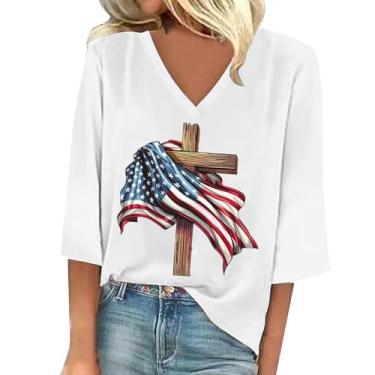 Imagem de Camiseta feminina com bandeira americana patriótica 4 de julho blusa estampada divertida Dia da Independência Manga 3/4 Gola V Túnica, Branco, G