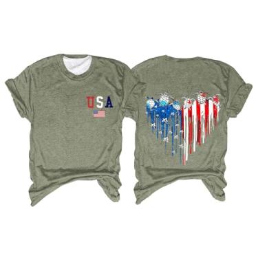 Imagem de Camiseta feminina de 4 de julho com bandeira dos EUA, estampa de coração, patriótica, manga curta, camiseta do Dia da Independência, Verde, 3G