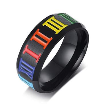 Imagem de Anel de orgulho LGBT com número romano arco-íris de aço inoxidável preto para casamento gay lésbico (9)