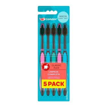 Imagem de Condor, Kit Escova de Dente, Classic Flex, Cerdas Macias, Cabo Ergonômico, Limpador de Língua Emborrachado, Multicor, Pacote com 5 Unidades