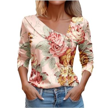 Imagem de Camiseta feminina assimétrica lapela botão blusas vintage floral gráfico blusa solta roupas elegantes, Caqui, XXG