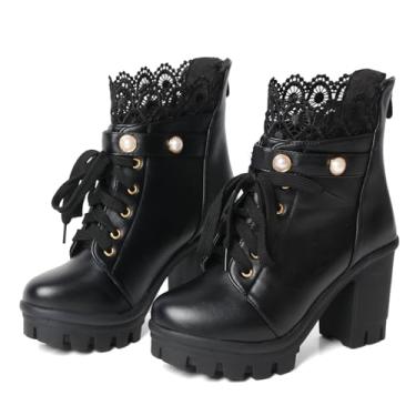 Imagem de FOREADA Botas de plataforma femininas pretas grossas botas góticas cano curto renda renda Lolita sapatos sociais com zíper, Preto grosso, 38