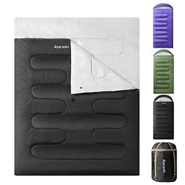 Imagem de Atarashi Sacos de dormir duplos para adultos, 3 a 4 estações, extra largo, tamanho Queen, saco de dormir para duas pessoas, sacos de dormir pretos para casal, acampamento, caminhada e ar livre, clima