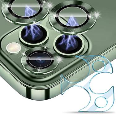 Imagem de JOLOJO [3+1 (película base)] Protetor de lente de câmera compatível com iPhone 13 Pro (6,1 polegadas)/Max (6,7 polegadas), vidro temperado, ultra transparente [compatível com capas] [antiarranhões] capa de anel de metal à prova de água/neblina, verde alpino