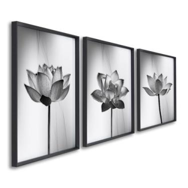Imagem de Quadro Decorativo 3 Peças Flores de Lótus em Preto e Branco Fácil Fixação (Preto, 50x75 C/Vidro)