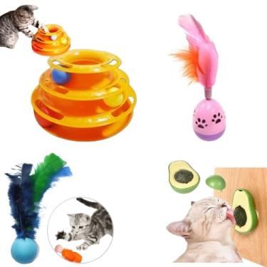 Imagem de Kit 4 Brinquedos Interativos para Gato Torre + Bola João Bobo + Abacate Catnip + Ping Bola com Pena