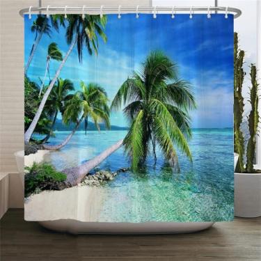 Imagem de Cortinas de chuveiro com cenário de praia, mar, oceano, mediterrâneo, cortina de banheiro, tecido impermeável, decoração, 14, W300xH180cm