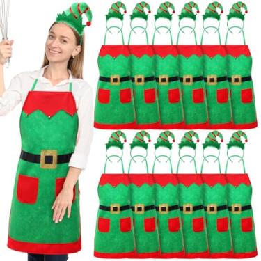 Imagem de Toulite 24 peças de avental de elfo de Natal com chapéu de elfo para adultos, acessórios de fantasia de elfo de Natal para mulheres, verde e vermelho