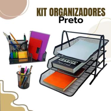Imagem de Kit Escritório Porta Caneta Lápis Bandeja Tripla Deslizantes Organizad