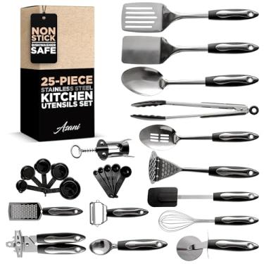 Imagem de Conjunto de utensílios de cozinha de aço inoxidável de 25 peças | Kit de utensílios e utensílios de cozinha antiaderentes | Conjunto de panelas duráveis para lava-louças | Ideia de presente de utensílios de cozinha, o melhor novo item essencial de apartamento