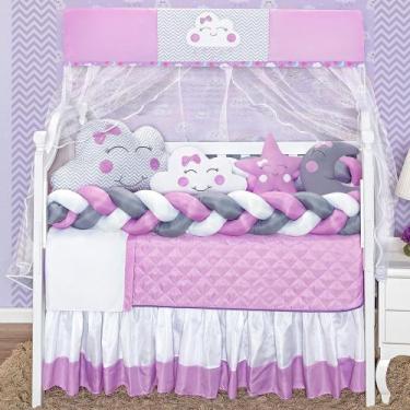Imagem de Kit enxoval de berço 12 peças nuvem estampada com 2 tranças e saia box