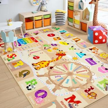Imagem de Chicrug Tapete educativo infantil para sala de jogos, 1,8 x 2,5 m, TPR antiderrapante, tapete de sala de aula infantil para aprender animais ABC, cor de frutas, tapete lavável para decoração de quarto