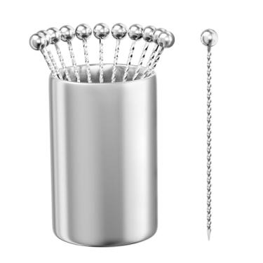 Imagem de Palitos de coquetel de metal, 12 unidades + kit de suporte, palitos de aço inoxidável 304, espetos de coquetel reutilizáveis, palitos de enfeite para espetos de Bloody Mary, palitos de martini para